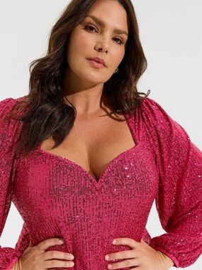 Torrid Hot Pink Chic Sequin Deep V-Neck Long Sleeve Party Blouse Plus Size 2X